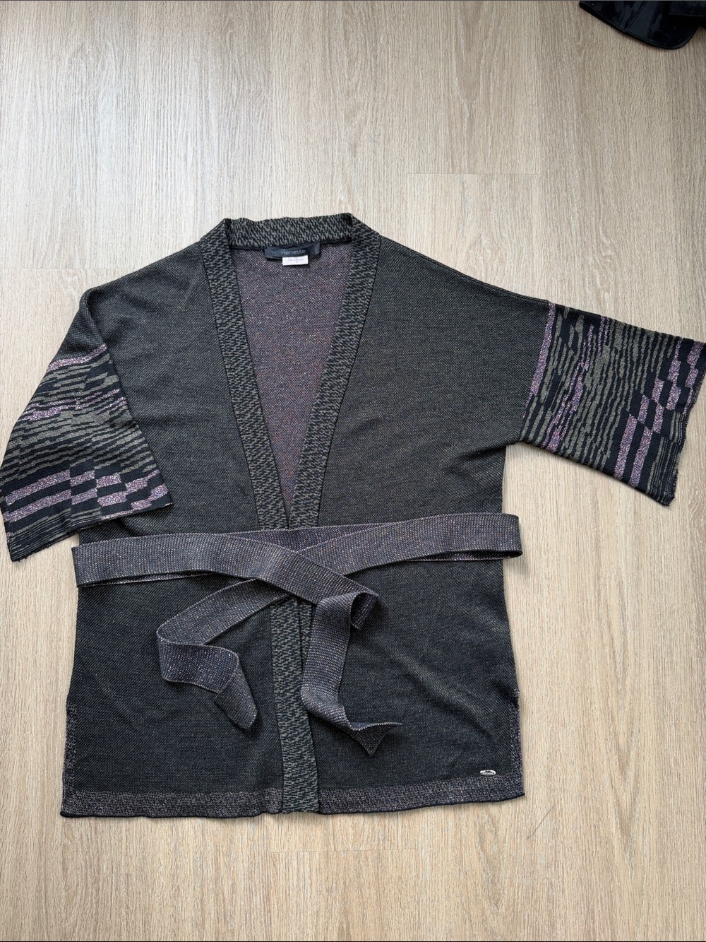 Nenette Italy Merino Wool Blend Belted Kimono Cardigan L Metallic